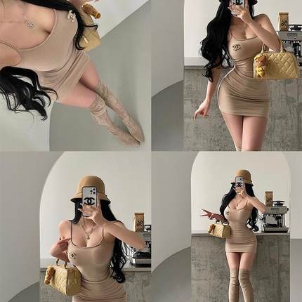 YoungGirlDay纯欲性感外扩显胸含胸垫磨毛打底吊带连衣裙包臀短裙