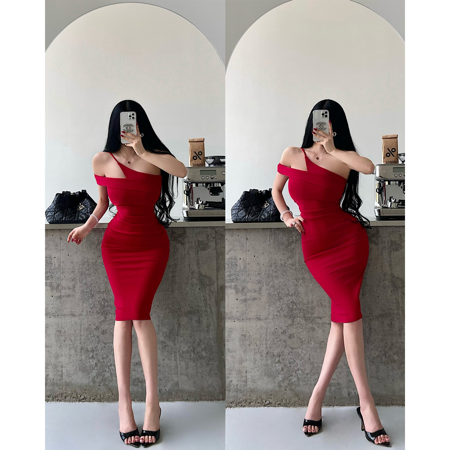 YoungGirlDay纯欲温柔性感褶皱收腰显瘦中长款包臀斜肩挂脖连衣裙