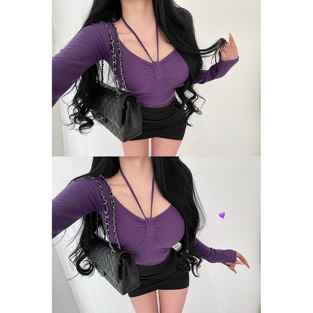 性感大V领系带挂脖长袖T恤上衣