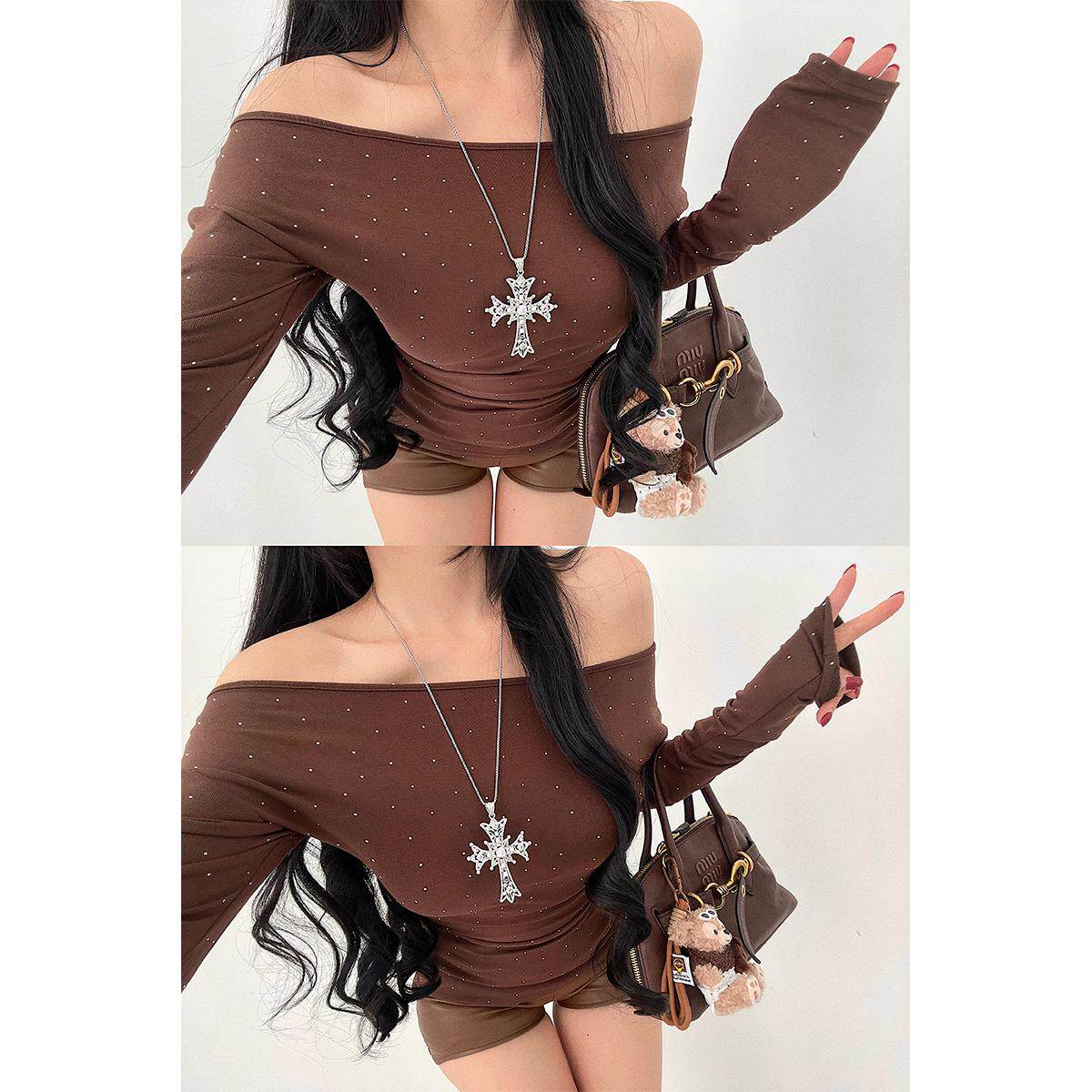 YoungGirlDay 纯欲风性感一字肩褶皱收腰显瘦烫钻长袖打底T恤上衣