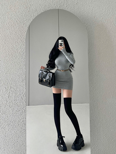 YoungGirlDay纯欲风性感紧身显瘦小高领长袖 连衣裙包臀短裙含腰带