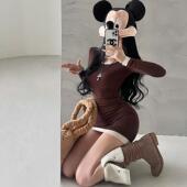 YoungGirlDay纯欲风性感紧身显瘦圆领撞色打底长袖 连衣裙包臀短裙