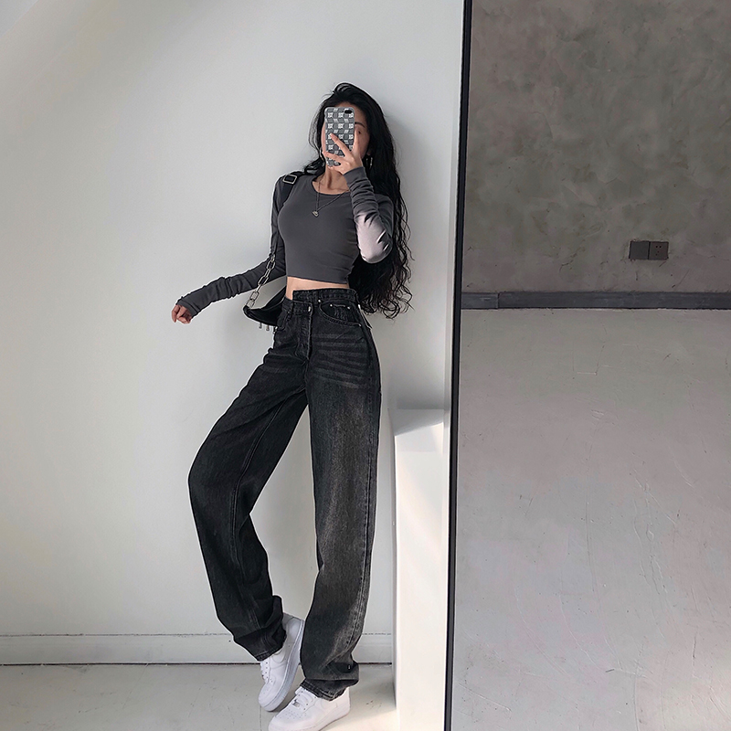欧美博主错腰直筒阔腿牛仔长裤