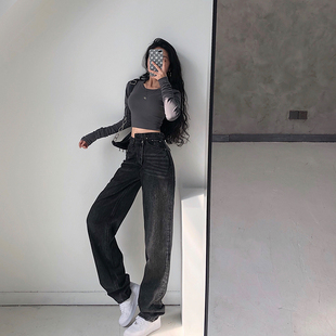 YoungGirlDay 潮 欧美博主街拍错腰宽松显瘦直筒阔腿老爹牛仔长裤