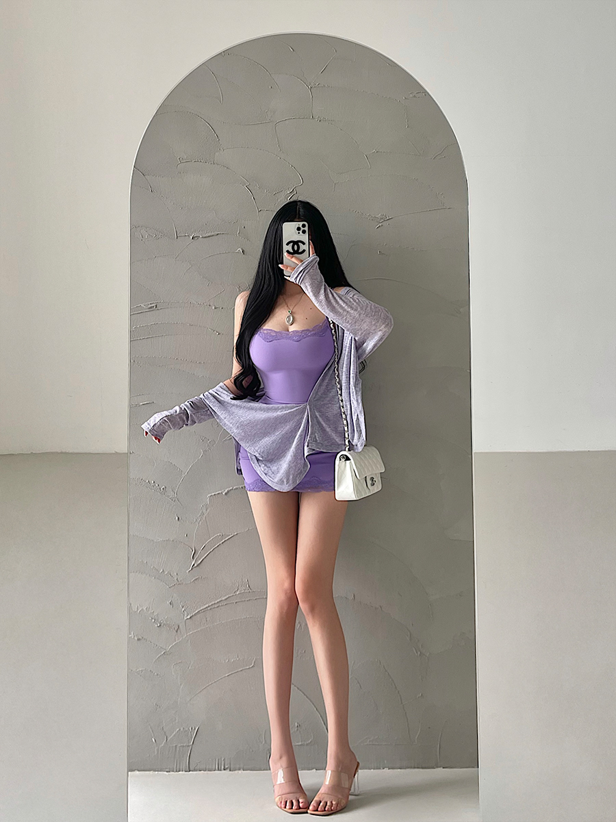 YoungGirlDay纯欲性感单排扣长袖开衫蕾丝吊带包臀连衣裙短裙套装