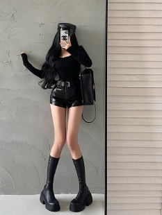 YoungGirlDay美式 含腰带潮 辣妹性感高腰紧身显瘦pu皮短裤 包臀热裤