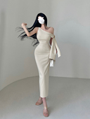 YoungGirlDay Kylie同款 不对称斜肩飘带性感露肩包臀连衣裙长裙