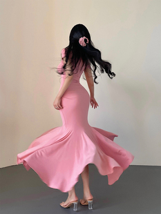 YoungGirlDay步步生莲纯欲氛围感褶皱收腰短袖 包臀鱼尾连衣裙长裙