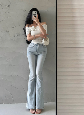 YoungGirlDay韩漫高腰显瘦松紧腰丰胯裤显腿长喇叭牛仔裤拖地长裤