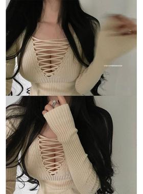 YoungGirlDay纯欲风性感胸前绑带镂空修身显瘦长袖打底针织衫上衣