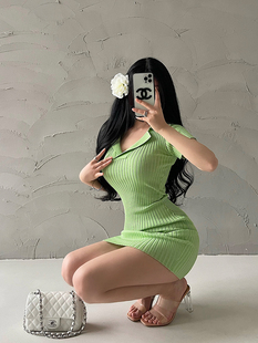 YoungGirlDay纯欲风性感翻领修身 针织连衣裙包臀短裙 显瘦收腰短袖