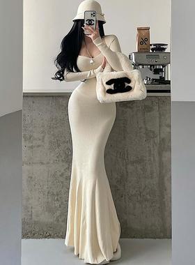 YoungGirlDay步步生莲纯欲氛围感长袖针织收腰包臀鱼尾连衣裙长裙