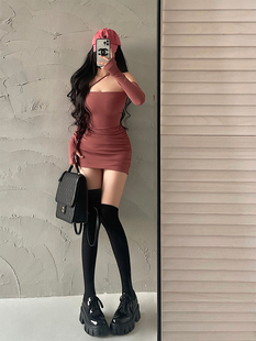 YoungGirlDay纯欲性感一字肩紧身显瘦长袖 褶皱抹胸包臀连衣裙短裙
