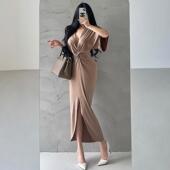 YoungGirlDay 松弛感性感深V扭结系带收腰前开叉包臀中长款 连衣裙