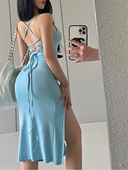 YoungGirlDay纯欲性感露背系带收腰修身 开叉中长款 包臀吊带连衣裙