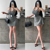 YoungGirlDay纯欲性感后背蕾丝镂空收腰显瘦背心连衣裙短裙含胸垫