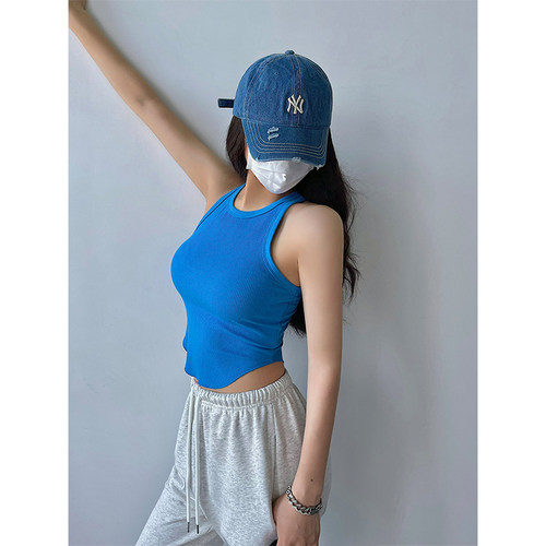 YoungGirlDay辣妹性感紧身显瘦弧形下摆短款露脐无袖纯色打底背心 - 封面