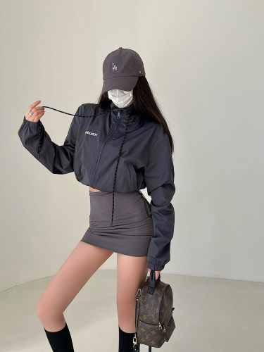 欧美时髦立领短款工装外套上衣