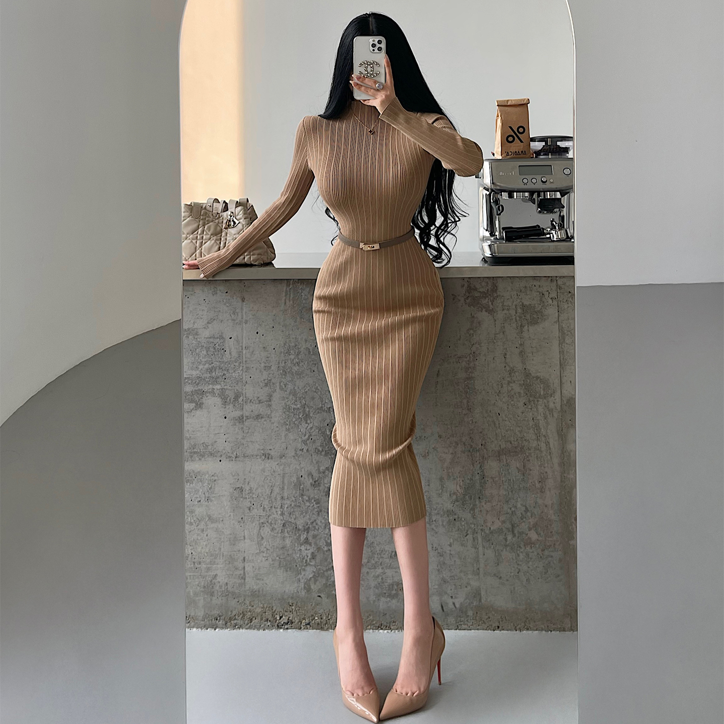 小高领长袖针织包臀中长款连衣裙