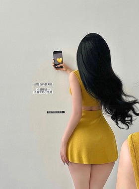 YoungGirlDay纯欲性感U领收腰显瘦腰部镂空A字针织背心连衣裙短裙