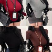 YoungGirlDay 纯欲风小高领褶皱收腰弧形下摆抓绒长袖 打底T恤上衣