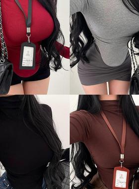 YoungGirlDay 纯欲风小高领褶皱收腰弧形下摆抓绒长袖打底T恤上衣