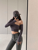 YoungGirlDay辣妹性感单边露肩紧身显瘦短款 露脐长袖 打底T恤上衣