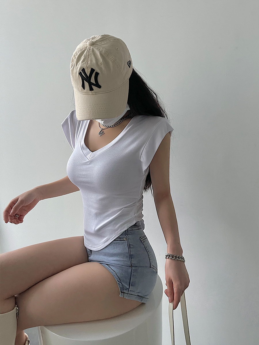 纯欲性感褶皱收腰小飞袖T恤上衣