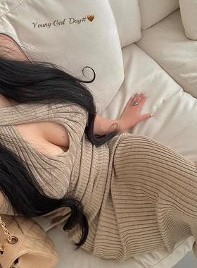YoungGirlDay纯欲辣妹风性感交叉挂脖镂空长袖针织包臀连衣裙长裙