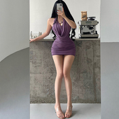 YoungGirlDay纯欲风性感荡领露背网纱褶皱包臀系带挂脖连衣裙短裙