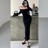 YoungGirlDay纯欲性感一字肩紧身显瘦收腰包臀长袖 抓绒连衣裙长裙