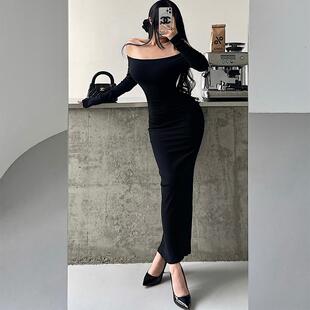 YoungGirlDay纯欲性感一字肩紧身显瘦收腰包臀长袖 抓绒连衣裙长裙