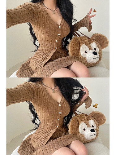 喇叭袖开衫高腰百褶短裙针织套装