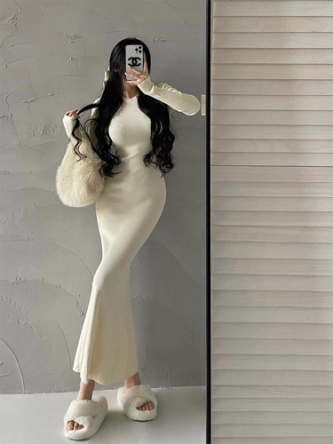 纯欲性感针织包臀鱼尾连衣裙长裙