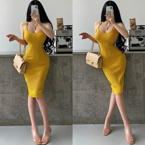 YoungGirlDay纯欲辣妹性感修身收腰显瘦针织包臀中长款吊带连衣裙