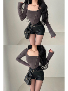 T恤上衣 打底衫 YoungGirlDay 纯欲性感方领紧身显瘦毛绒绒拼接长袖