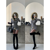 YoungGirlDay纯欲辣妹性感毛领连帽抽绳单排扣长袖 针织连体衣短裤