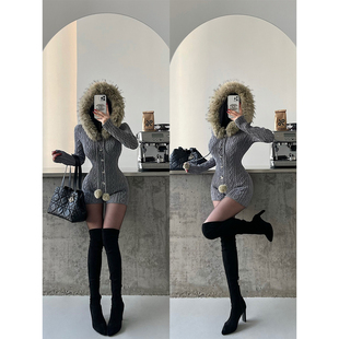 YoungGirlDay纯欲辣妹性感毛领连帽抽绳单排扣长袖 针织连体衣短裤