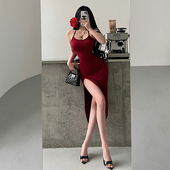 YoungGirlDay纯欲性感露背麻花针织提花开叉包臀中长款 挂脖连衣裙