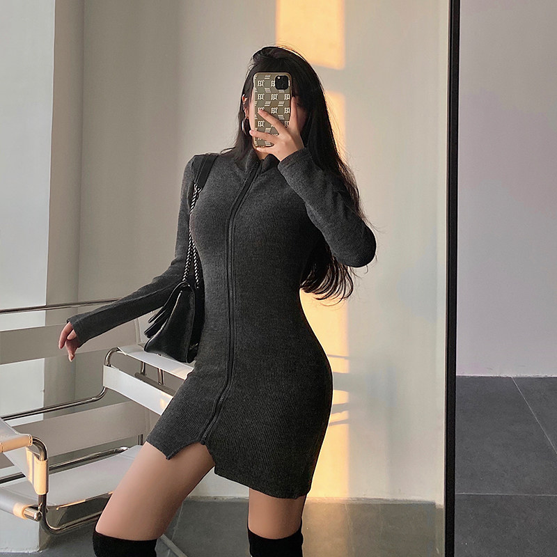 YoungGirlDay 欧美性感高领拉链开叉长袖紧身显瘦包臀连衣裙短裙