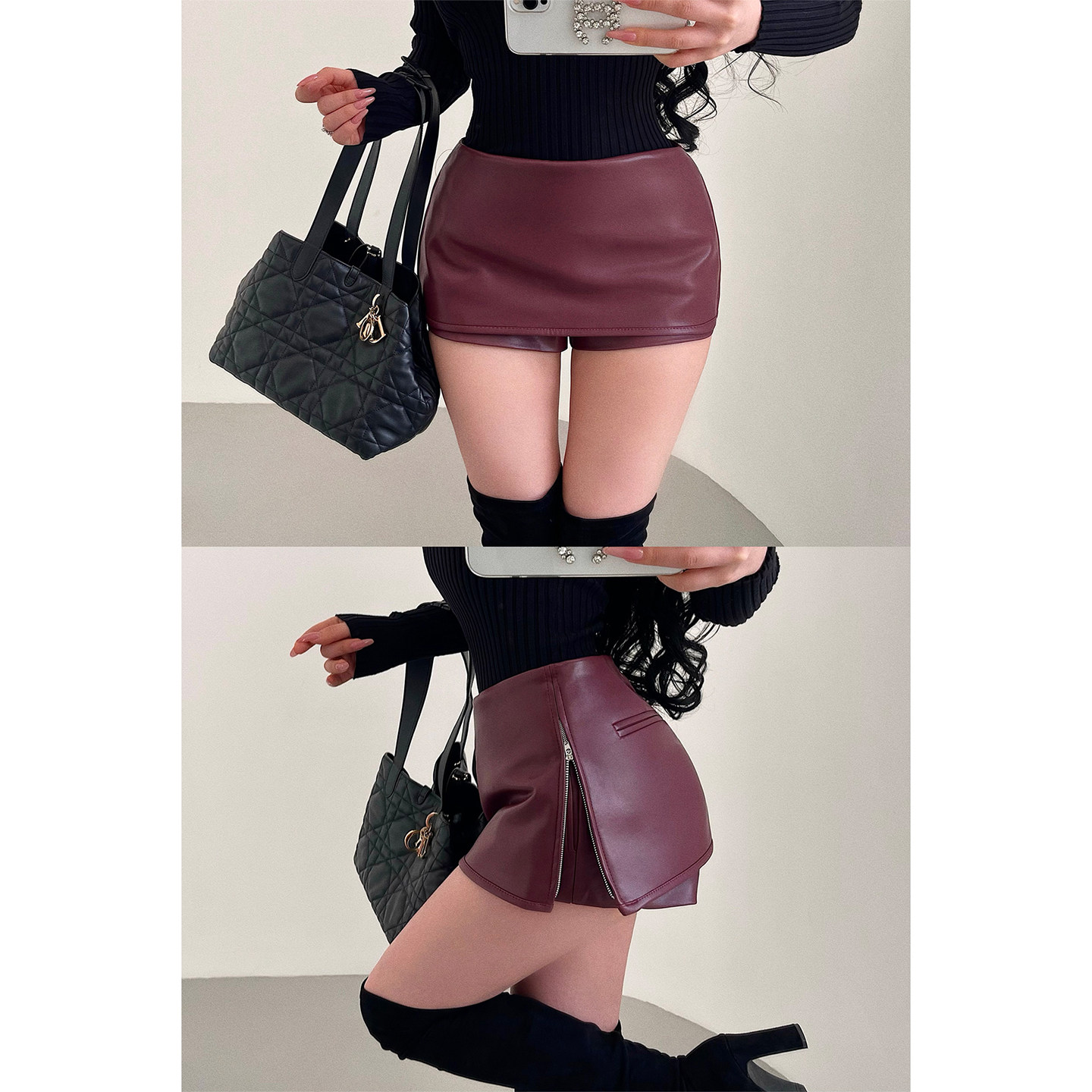 YoungGirlDay纯欲辣妹性感低腰拉链开叉防走光包臀pu皮半身短裙裤