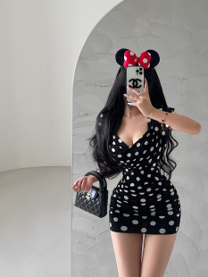 YoungGirlDay 包臀连衣裙短裙 纯欲风性感V领低胸褶皱网纱波点短袖