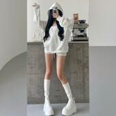 YoungGirlDay 潮 松弛感V领连帽宽松显瘦休闲卫衣高腰抽绳短裤 套装