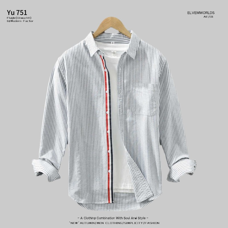 拼色织带条纹长袖衬衫男秋季宽松休闲纯棉外套潮流时尚帅气高级感,男装,衬衫,淘宝优惠券,粉丝福利购,淘宝优惠卷