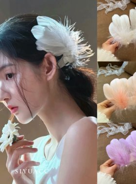 超仙天使翅膀芭蕾舞羽毛头饰精致纯欲超仙白天鹅发夹女汉服边夹