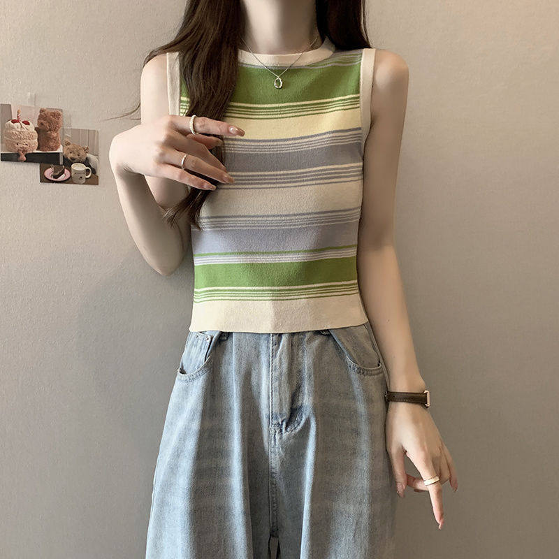 夏季彩虹条纹半高领背心女内搭外穿修身短款无袖上衣冰丝针织吊带,女装/女士精品,抹胸,淘宝优惠券,粉丝福利购,淘宝优惠卷