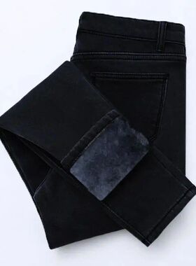 加绒加厚黑色小脚高弹大码铅笔牛仔裤女秋冬高腰宽松显流行新款