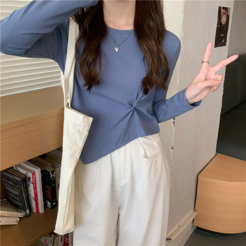 衫洋气短款正肩上衣不规则长袖t恤女春秋大码胖mm遮肚子内搭打底