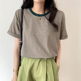 洋气简约学生上衣条纹T恤短袖 圆领宽松ins小心机 女夏装 2025新款