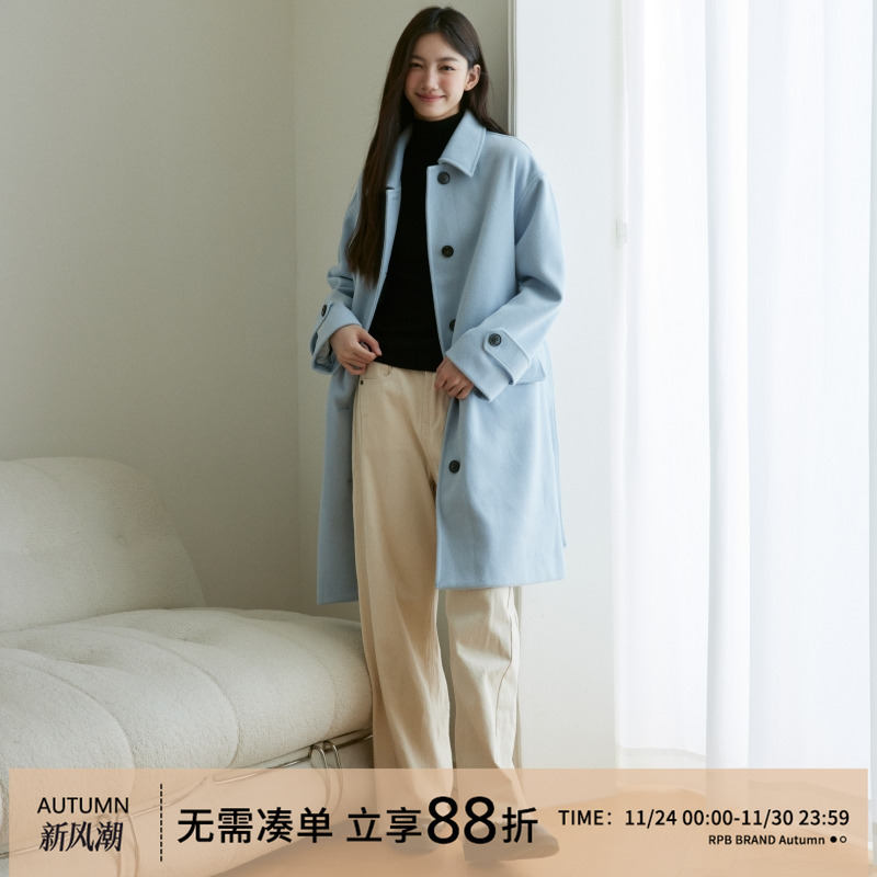RPB BRAND厚实蓝色束带呢子大衣女秋冬新款高级感中长款百搭外套
